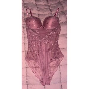 Womens Mauve Dusty Rose Lace Teddy Bodysuit Lingerie Underwire 34B